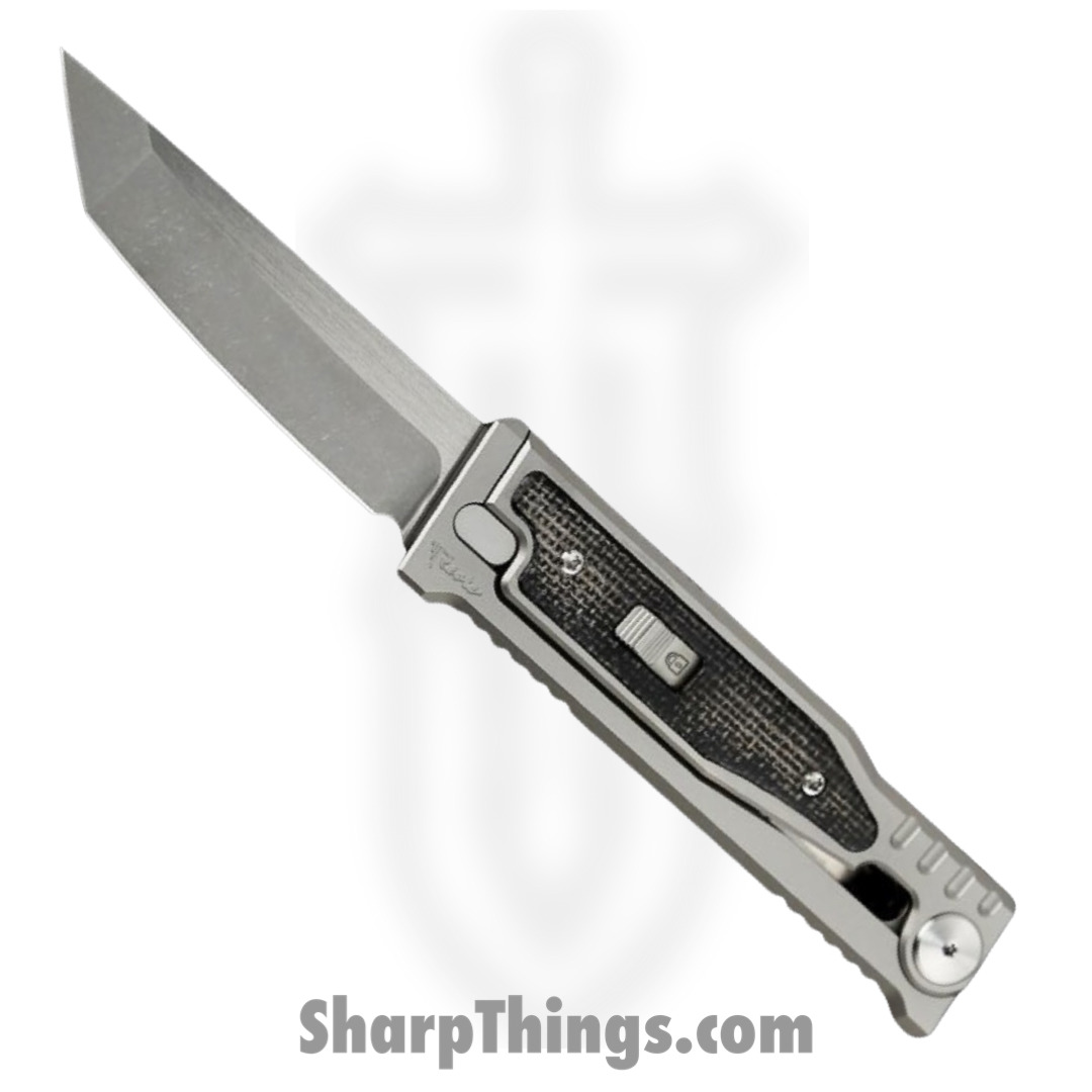 Reate Knives - EXOM-TNMIBK - EXO-M - OTF Gravity Knife - Satin Elmax Tanto - Titanium w Micarta - Black