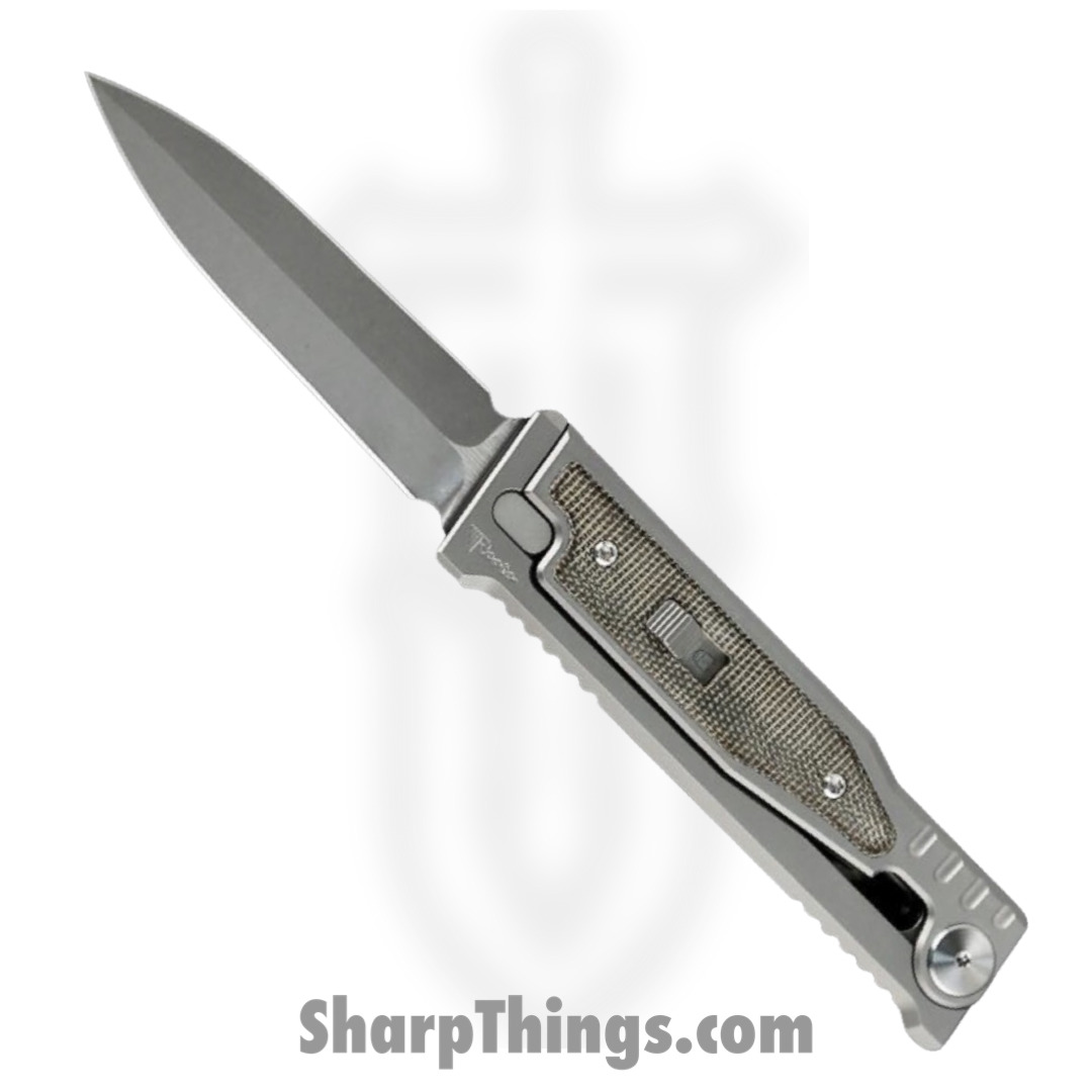 Reate Knives - EXOM-DEMIGR - EXO-M - OTF Gravity Knife - Satin CPM3V Dual Edge - Titanium w Micarta - Green