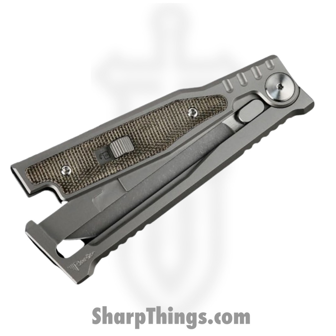 Reate Knives - EXOM-DPMIGR - EXO-M - OTF Gravity Knife - Satin Elmax Drop Point - Titanium w Micarta - Green - Image 2
