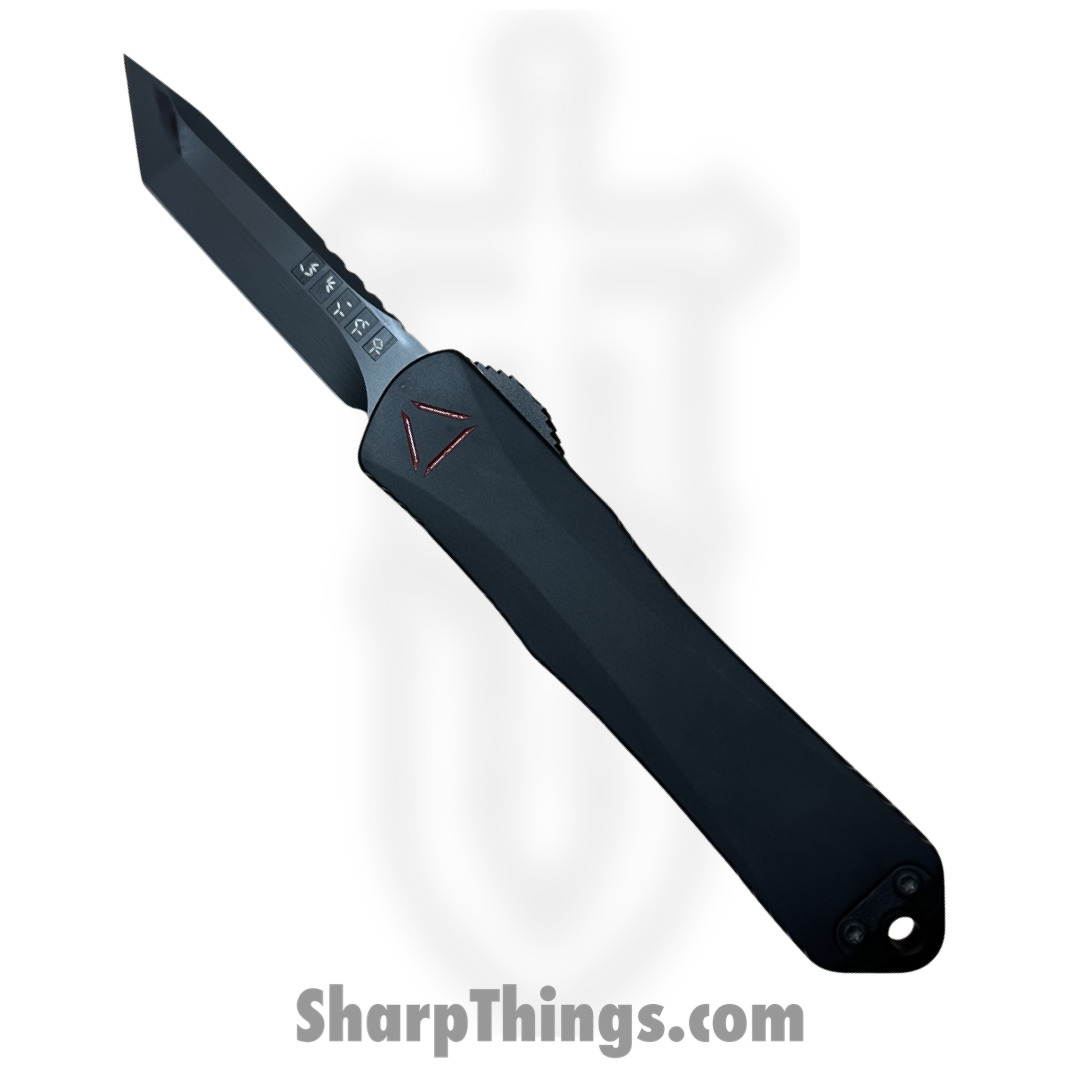 Heretic Knives - H027-6A-PREDC - Manticore E - OTF Auto - Magnacut Coated Tanto - 6061-T6 Aluminum/Engraved Logo - Black/Red
