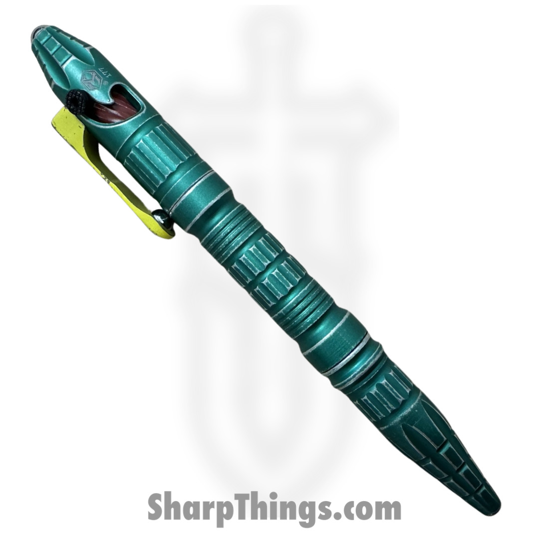 Heretic Knives - H038-BOUNTY - Bounty Hunter Pen - Green Titanium with Red Logo and Yellow Ti Clip