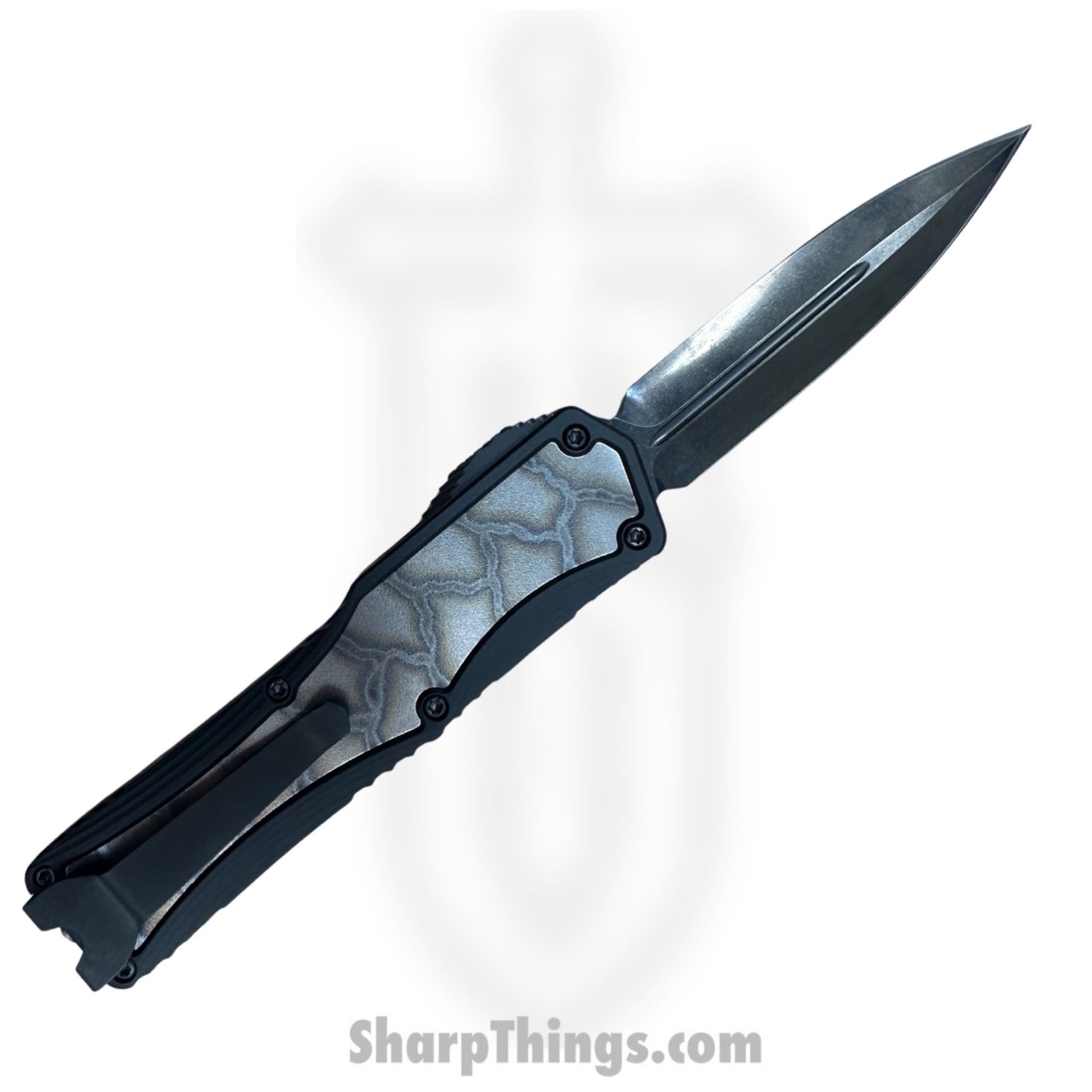 Heretic Knives - HKCCOL-23 - Custom Colossus - OTF Auto - Elmax Coated Dagger - Aluminum/Titanium Lightning Flamed Inlay - Black/Grey - Image 8