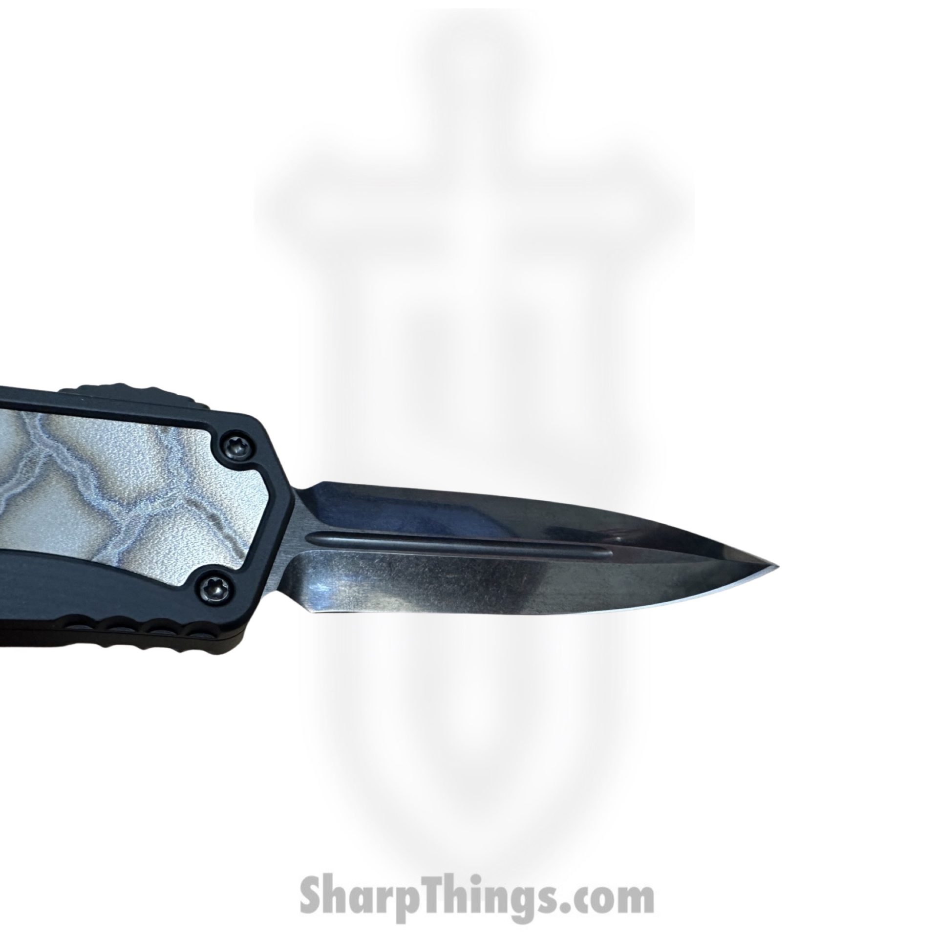 Heretic Knives - HKCCOL-23 - Custom Colossus - OTF Auto - Elmax Coated Dagger - Aluminum/Titanium Lightning Flamed Inlay - Black/Grey - Image 6