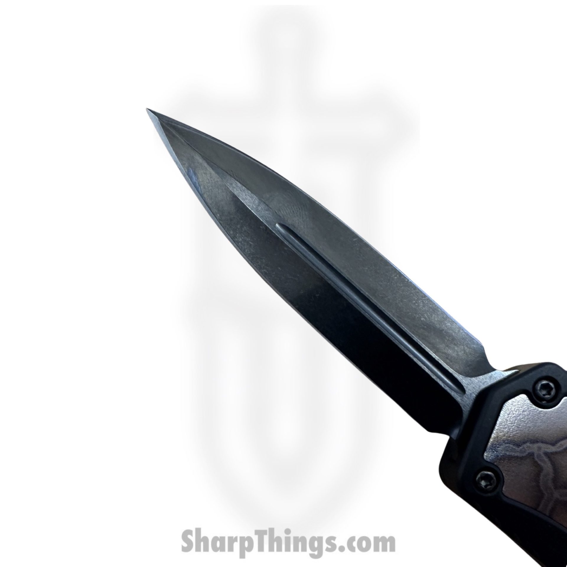 Heretic Knives - HKCCOL-23 - Custom Colossus - OTF Auto - Elmax Coated Dagger - Aluminum/Titanium Lightning Flamed Inlay - Black/Grey - Image 7