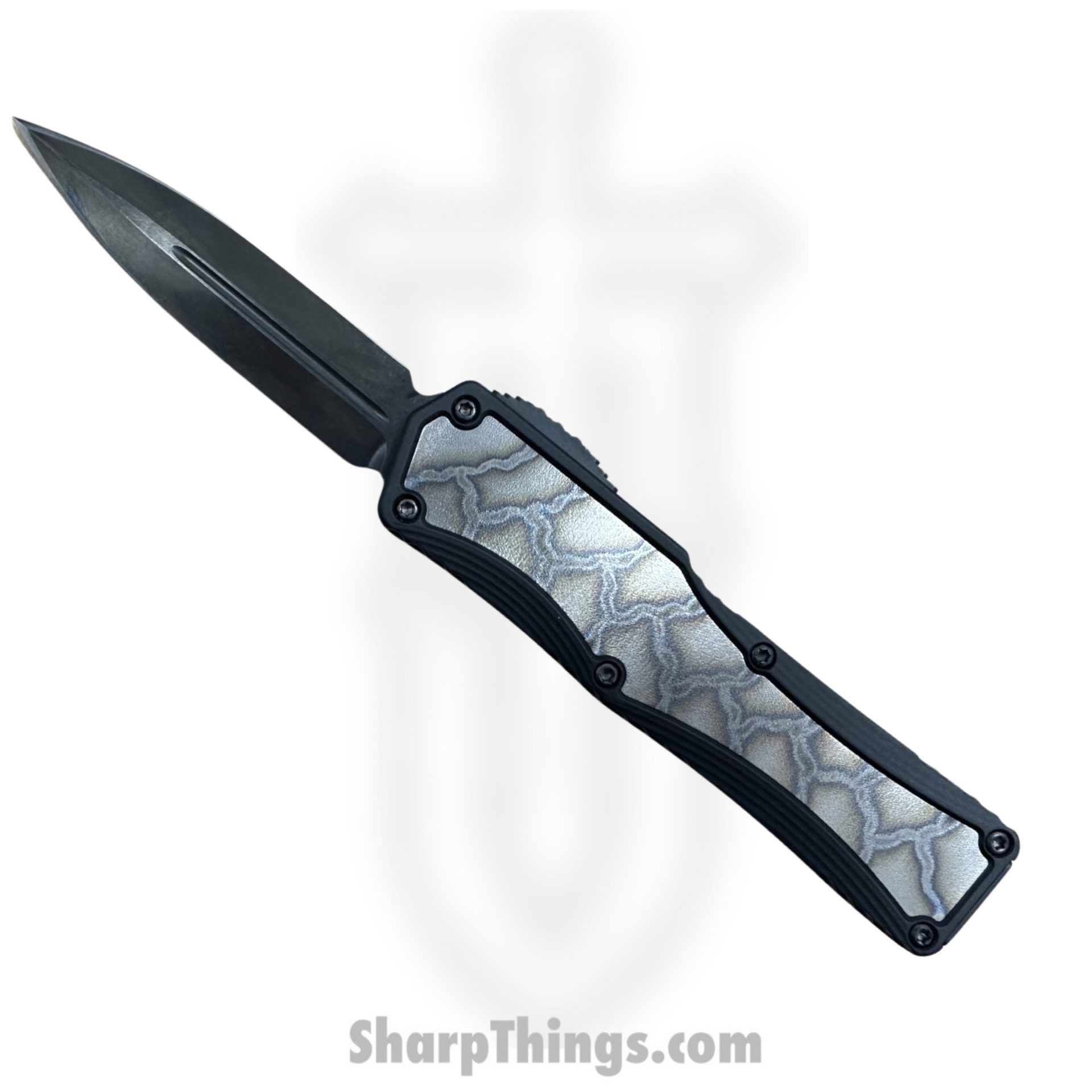 Heretic Knives - HKCCOL-23 - Custom Colossus - OTF Auto - Elmax Coated Dagger - Aluminum/Titanium Lightning Flamed Inlay - Black/Grey