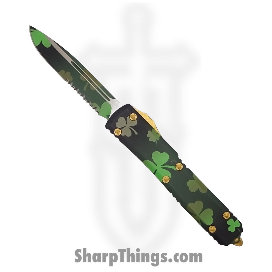 Microtech - 121-2SPDS - Ultratech Signature Series - OTF Auto - 121-2SPDS Ultratech Signature Series OTF Auto - 6061-T6 Aluminum - Green Lucky Clover/Gold