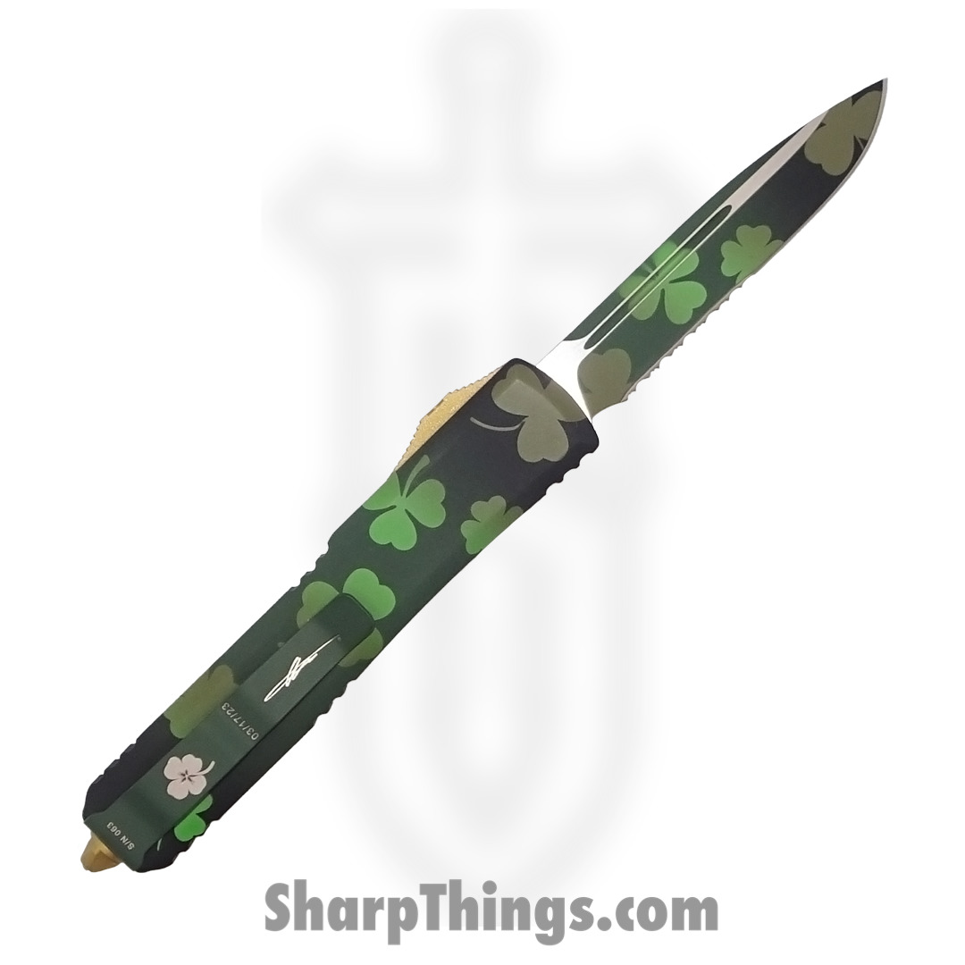 Microtech - 121-2SPDS - Ultratech Signature Series - OTF Auto - 121-2SPDS Ultratech Signature Series OTF Auto - 6061-T6 Aluminum - Green Lucky Clover/Gold - Image 2