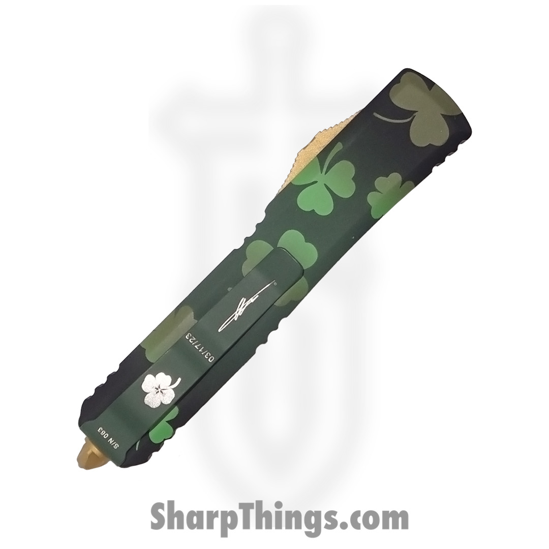 Microtech - 121-2SPDS - Ultratech Signature Series - OTF Auto - 121-2SPDS Ultratech Signature Series OTF Auto - 6061-T6 Aluminum - Green Lucky Clover/Gold - Image 4