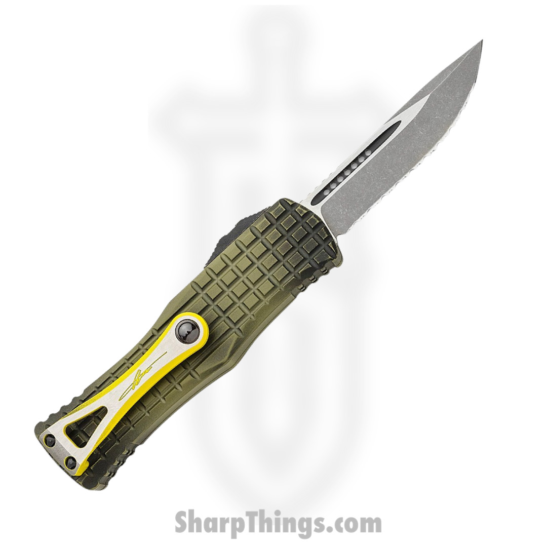 Microtech - 703-12APFRGS - Hera Signature Series - OTF Auto - 703-12APFRGS Hera Signature Series OTF Auto - Full Serrated - Frag Milled Aluminum - Grenade Green - Image 2