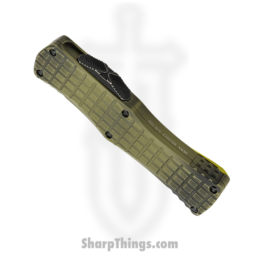 Microtech - 703-12APFRGS - Hera Signature Series - OTF Auto - 703-12APFRGS Hera Signature Series OTF Auto - Full Serrated - Frag Milled Aluminum - Grenade Green - Image 3