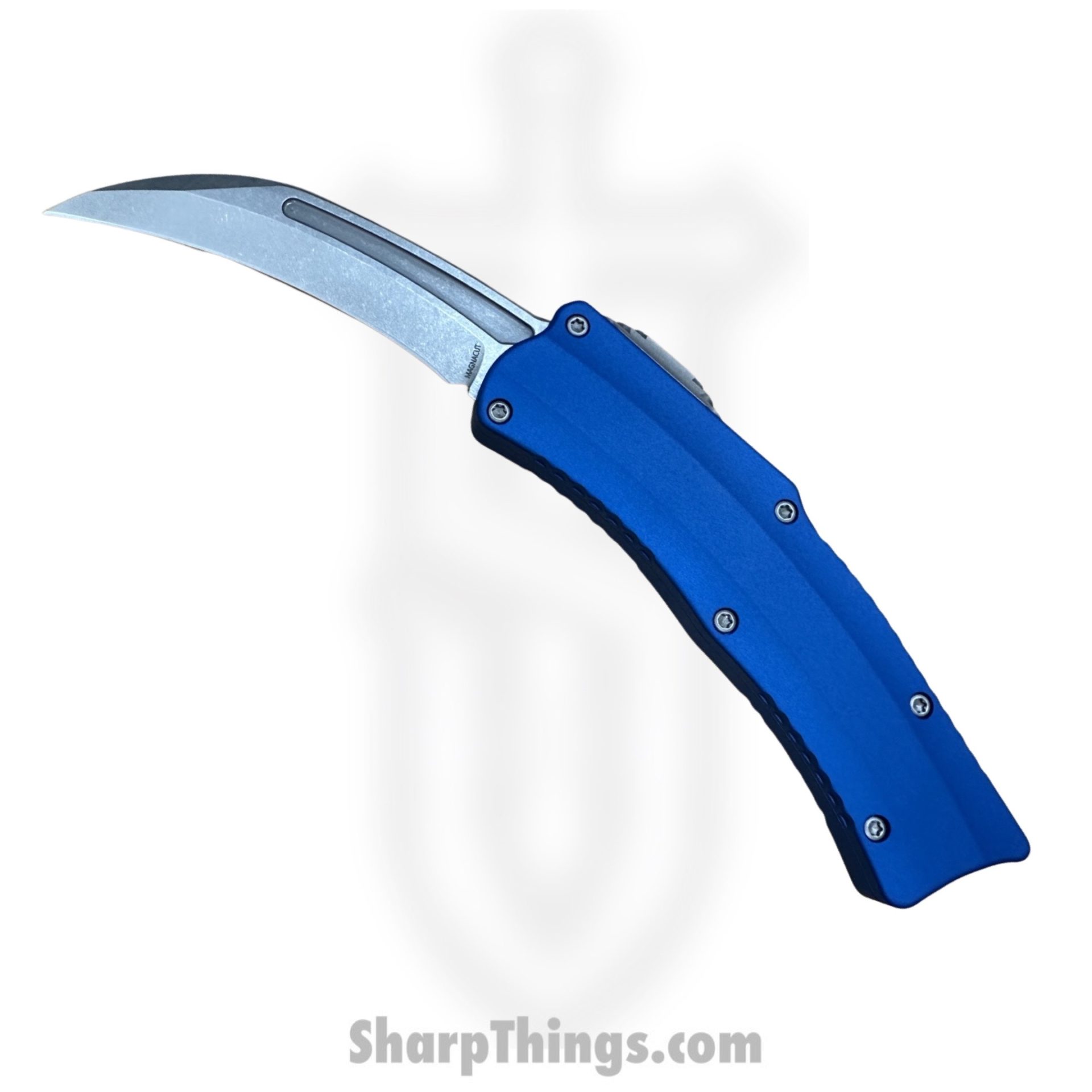 Heretic Knives - H060-2A-BLU - Roc - OTF Auto - Magnacut Stonewash Hawkbill - 6061-T6 Aluminum - Blue