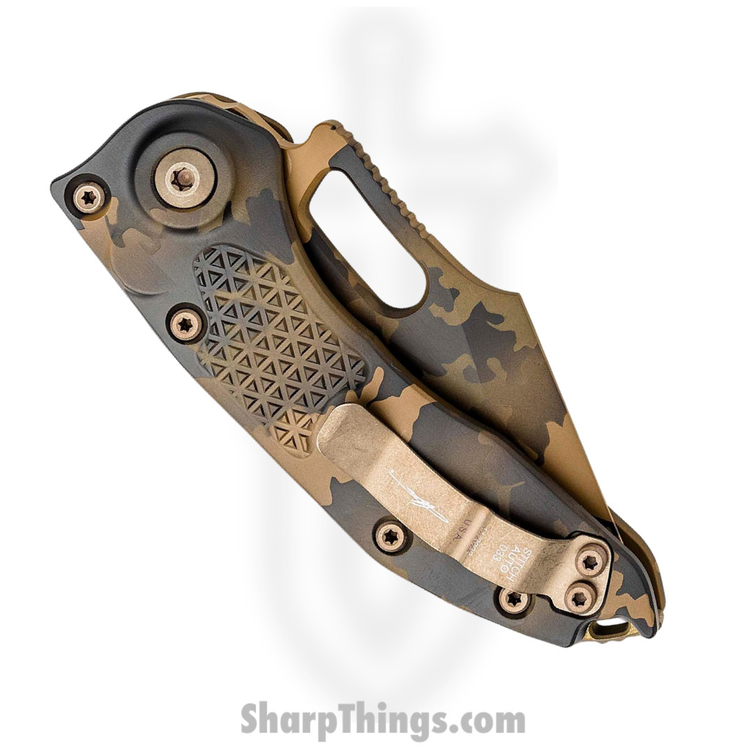 Microtech - 169-3CCS - Stitch Signature Series - Automatic Knife - M390 Coated Spear Point - 6061-T6 Aluminum - Coyote Camo - Image 4
