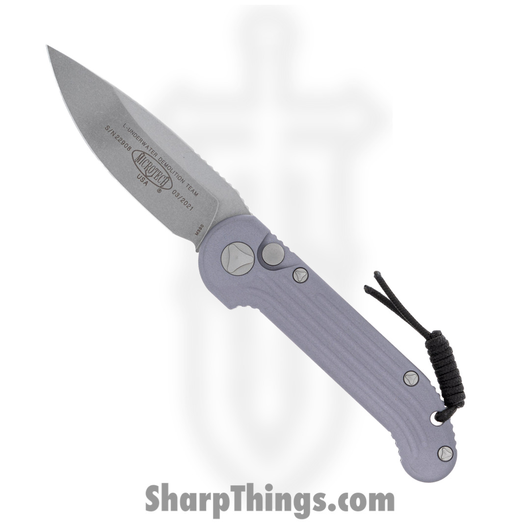 Microtech - 135-10GY - L.U.D.T. - Automatic Knife - Elmax, M390, 204P Stonewash Drop Point - 6061-T6 Aluminum - Gray