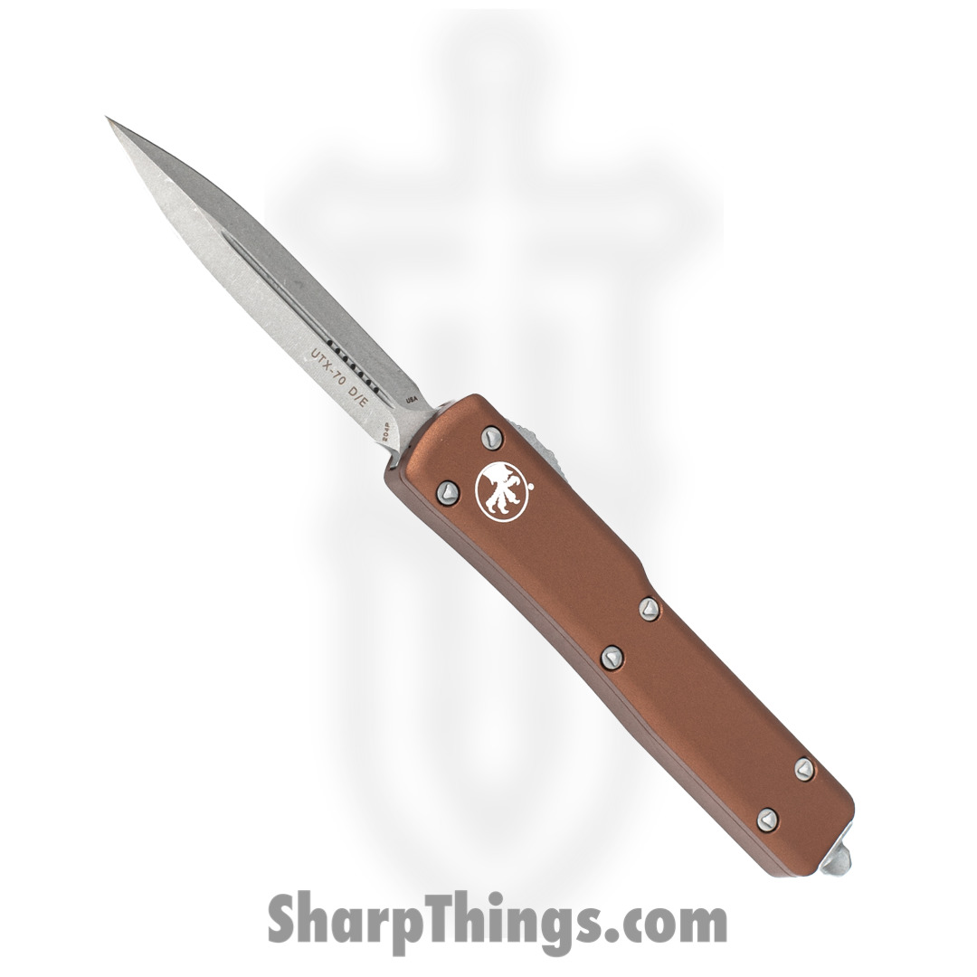 Microtech - 147-10APTA - UTX-70 - OTF Auto - Elmax, M390, 204P Stonewash Dagger - 6061-T6 Aluminum - Tan