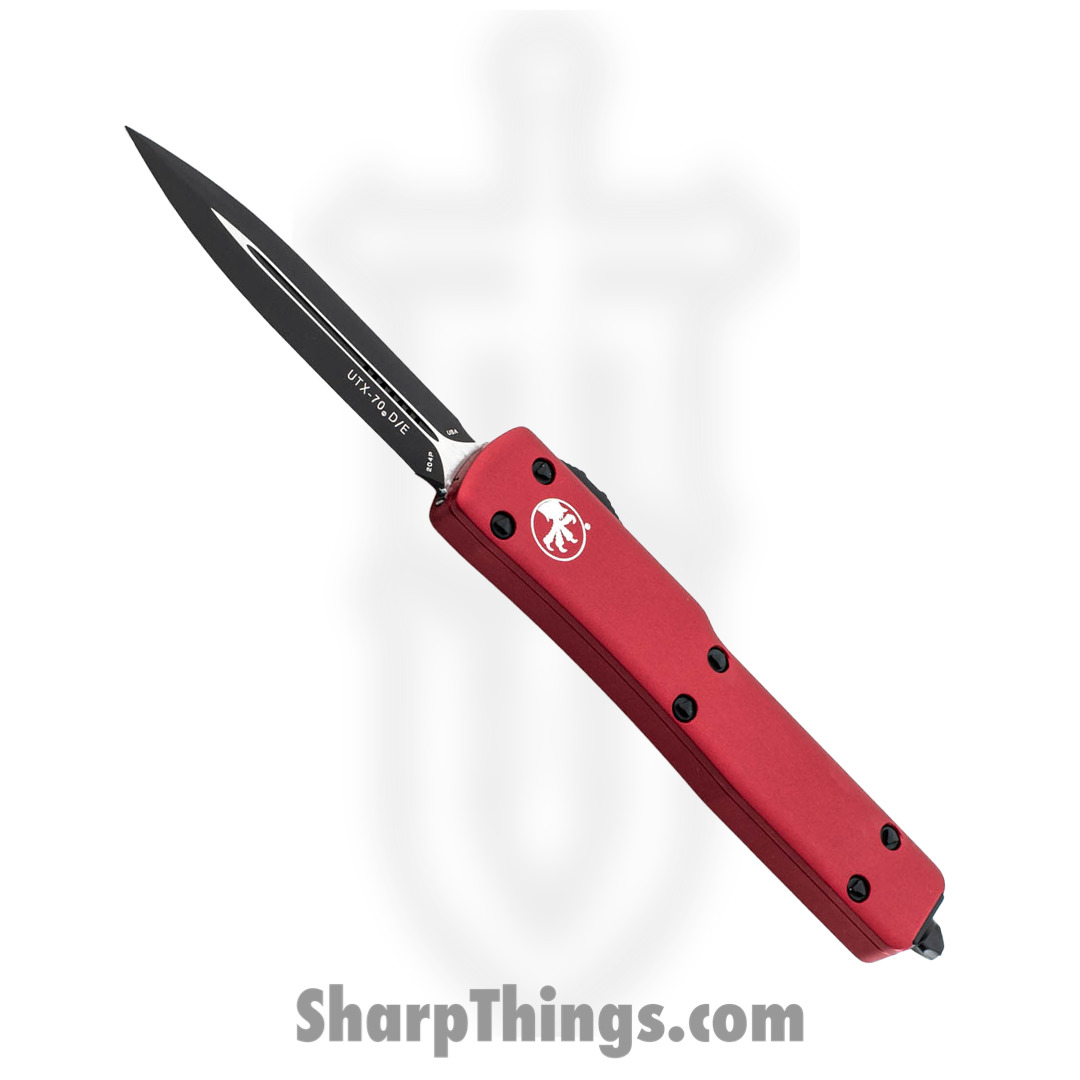 Microtech - 147-1RD - UTX-70 - OTF Auto - Elmax, M390, 204P Two Tone Dagger - 6061-T6 Aluminum - Red