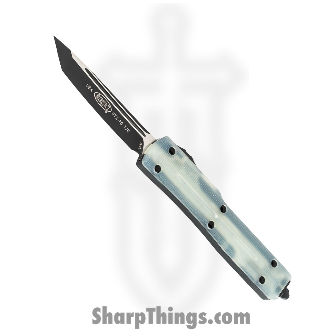 Microtech - 149-1GTJGS - UTX-70 Signature Series - OTF Auto - Elmax, M390, 204P Two Tone Tanto - 6061-T6 Aluminum/G10 - Black/Jade