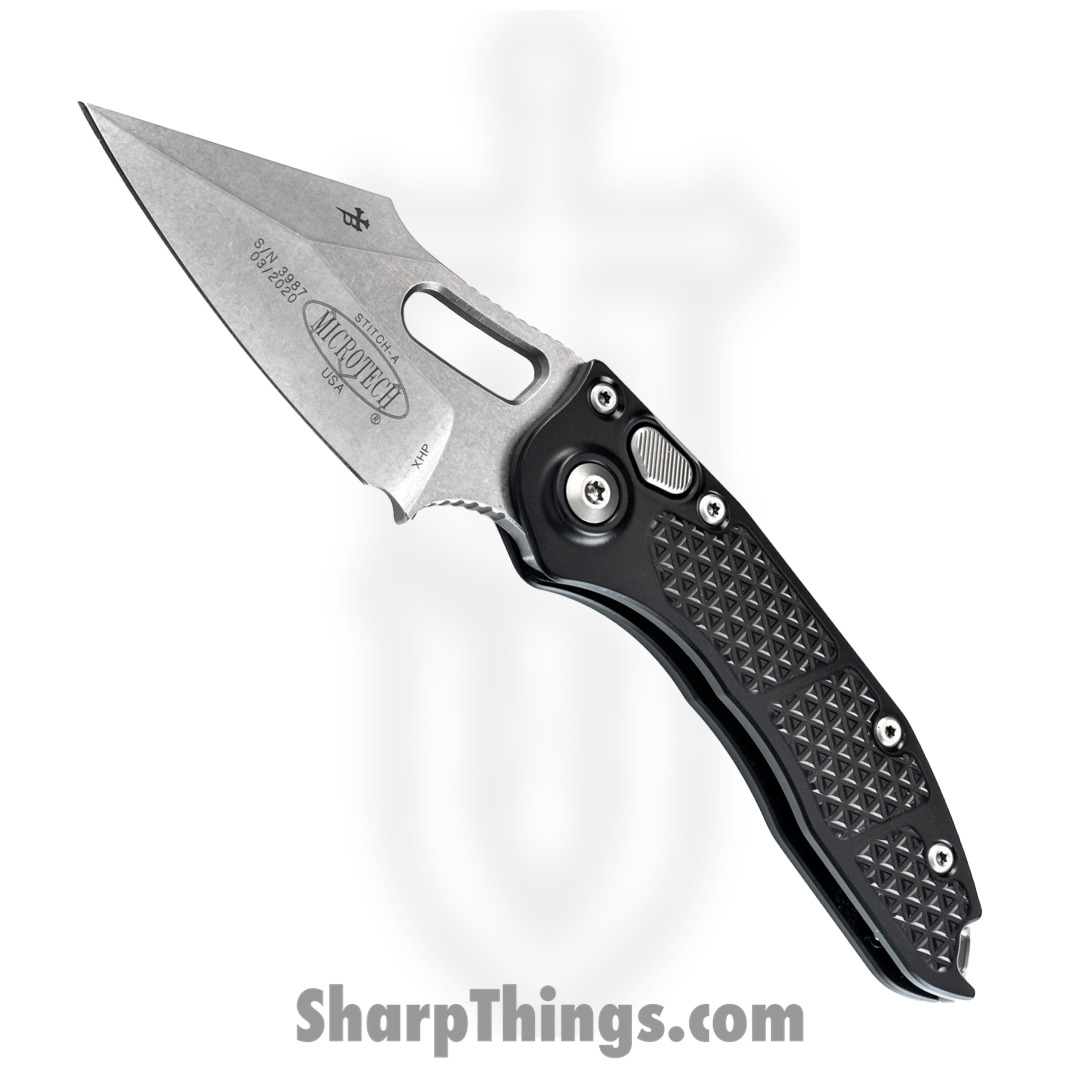 Microtech - 169-10 - Stitch - Automatic Knife - Elmax, M390, 204P Stonewash Spear Point - 6061-T6 Aluminum - Black
