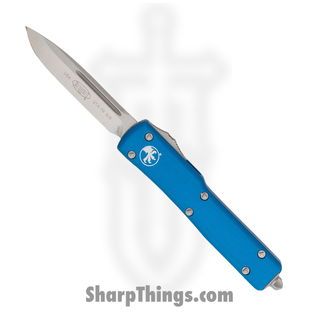 Microtech - 148-4BL - UTX-70 - OTF Auto - Elmax, M390, 204P Satin Drop Point - 6061-T6 Aluminum - Blue