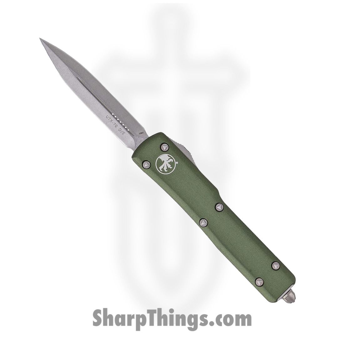 Microtech - 147-10OD - UTX-70 - OTF Auto - Elmax, M390, 204P Stonewash Dagger - 6061-T6 Aluminum - OD Green