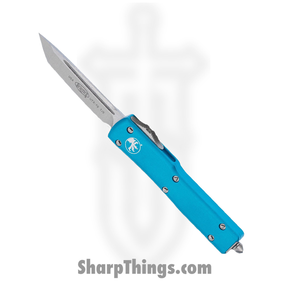Microtech - 148-10TQ - UTX-70 - OTF Auto - Elmax Stonewash Drop Point - 6061-T6 Aluminum - Turquoise