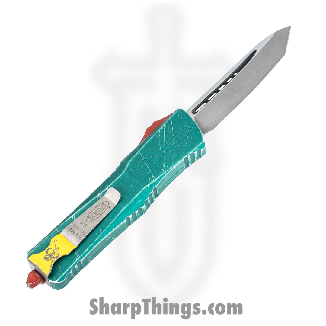 Microtech - 144-10BH - Combat Troodon Bounty Hunter - OTF Auto - Elmax, M390, 204P Apocalyptic Tanto - 6061-T6 Aluminum - Green/Red/Yellow - Image 2