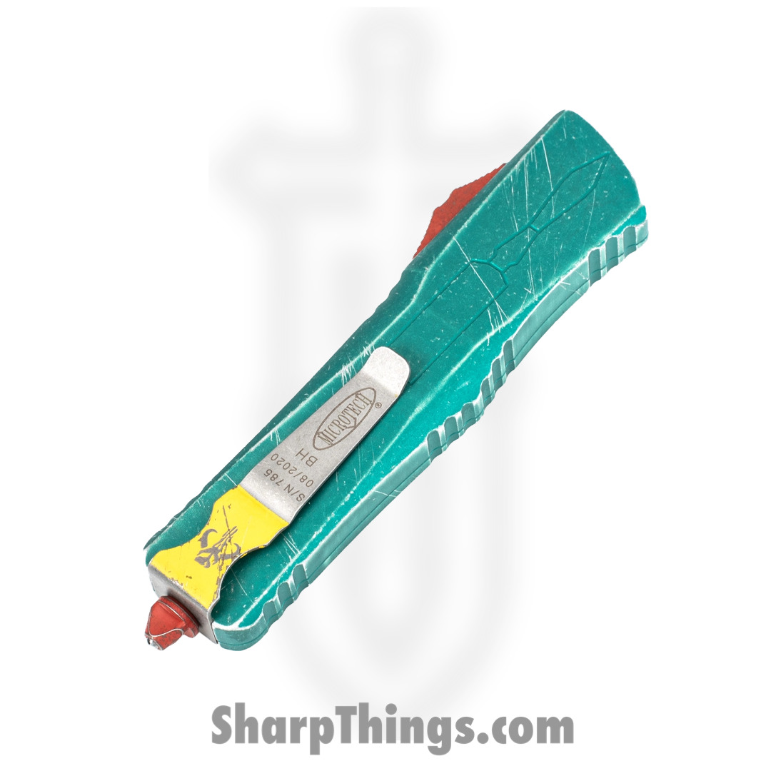 Microtech - 144-10BH - Combat Troodon Bounty Hunter - OTF Auto - Elmax, M390, 204P Apocalyptic Tanto - 6061-T6 Aluminum - Green/Red/Yellow - Image 4