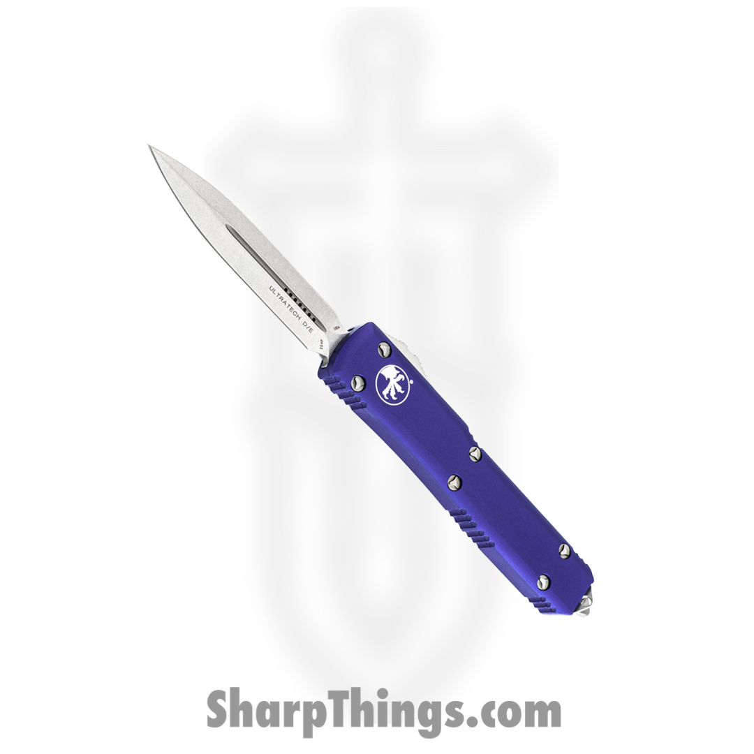 Microtech - 122-10PU - Ultratech - OTF Auto - Elmax, M390, 204P Stonewash Dagger - 6061-T6 Aluminum - Purple