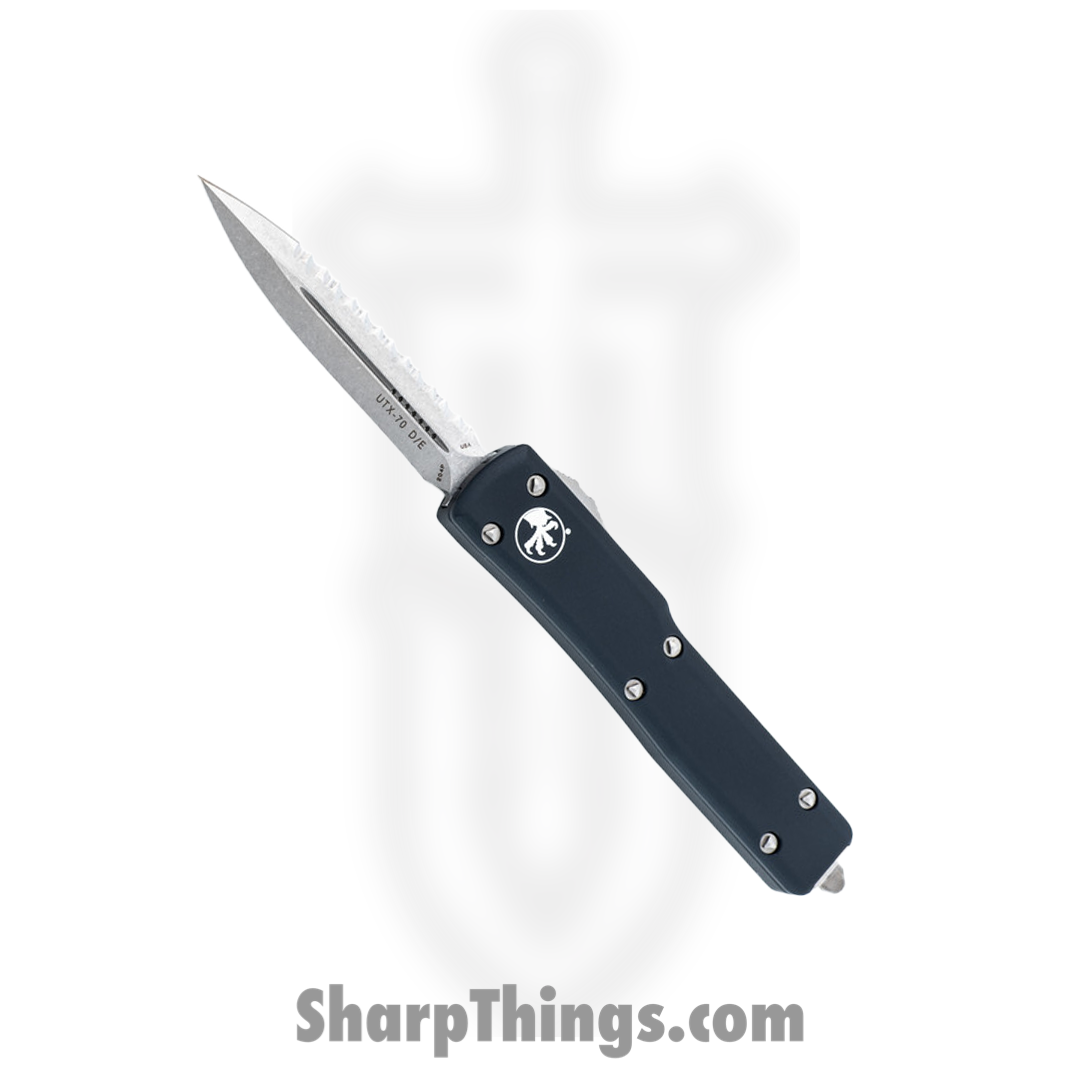 Microtech - 147-12 - UTX-70 - OTF Auto - Elmax, M390, 204P Stonewash Dagger - 6061-T6 Aluminum - Black