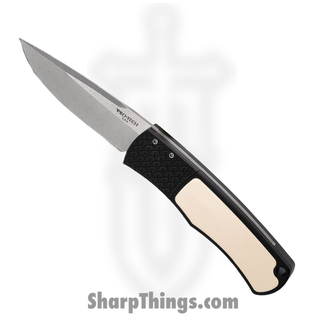 ProTech - BR-1.51 - Magic Bolster Tuxedo - Automatic Knife - 154CM Stonewash Drop Point - Aluminum/Micarta - Black/White
