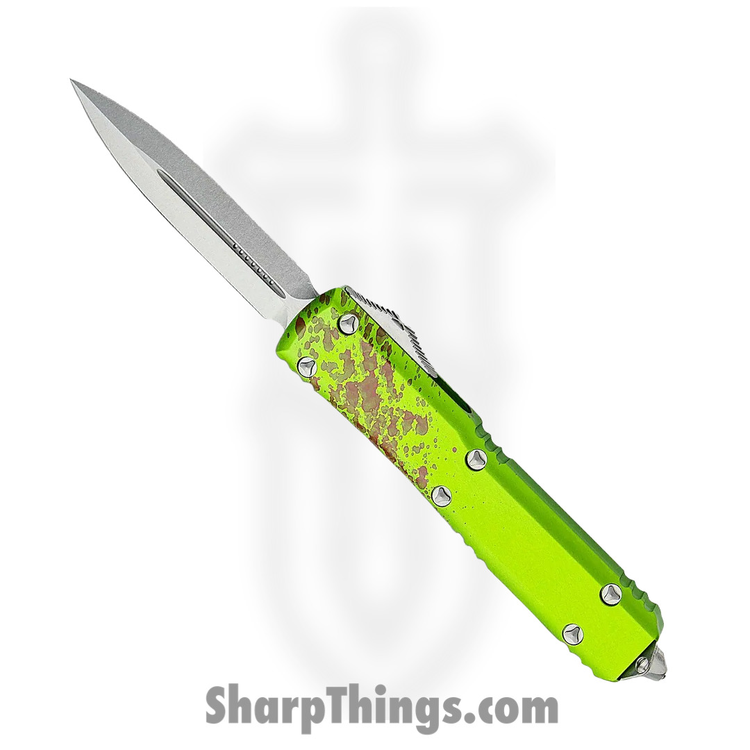 Microtech - 122-10Z - Ultratech Signature Series Zombie Tech - OTF Auto - Elmax, M390, 204P Stonewash Dagger - 6061-T6 Aluminum - Green/Red