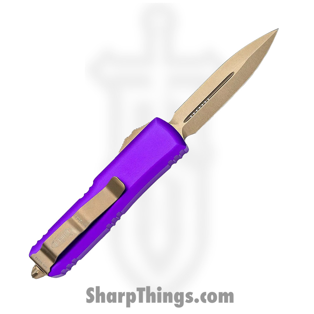 Microtech - 232-13PU - UTX-85 - OTF Auto - Elmax, M390, 204P Bronze Dagger - 6061-T6 Aluminum - Purple - Image 2
