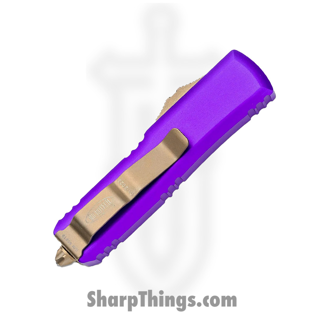 Microtech - 232-13PU - UTX-85 - OTF Auto - Elmax, M390, 204P Bronze Dagger - 6061-T6 Aluminum - Purple - Image 4
