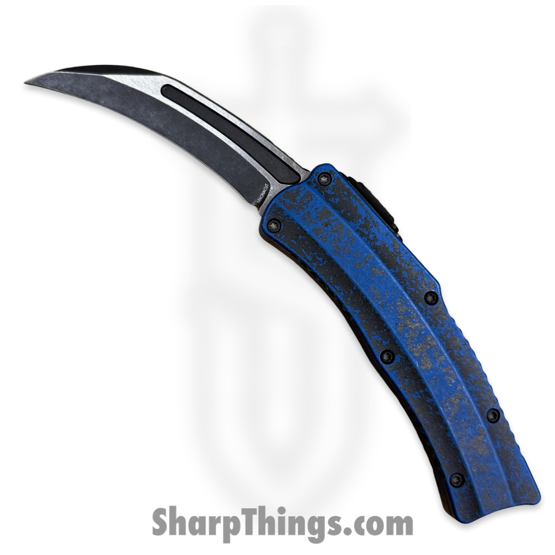 Heretic Knives - H060-14A-BRKBLU - Roc - OTF Auto - Magnacut Stonewash Hawkbill - 6061-T6 Aluminum - Breakthrough Blue/Black