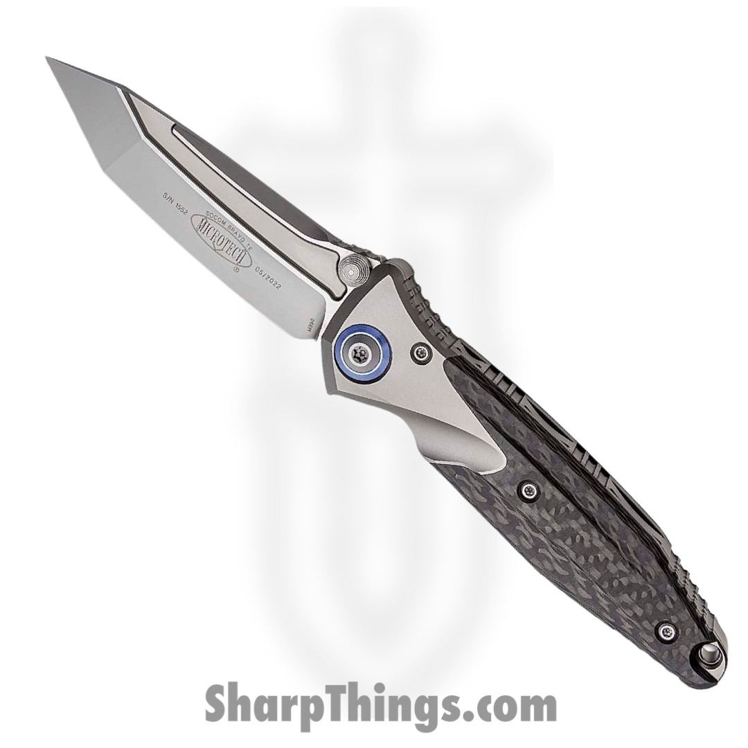 Microtech - 261-7CFTI - Socom Bravo - Folding Knife - M390 Blasted Tanto - Titanium/CF Scales - Black/Gray