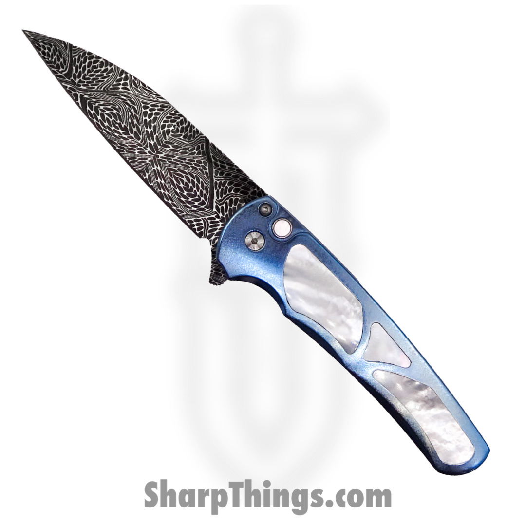 PROTECH - 2023MALIBU011 - 2023 Malibu Custom 011 Blue Ti w/ White Pearl Inlays - Nichols Damascus Mosaic Wharncliffe - Anodized Titanium with White Pearl Inlay - Blue Pearl