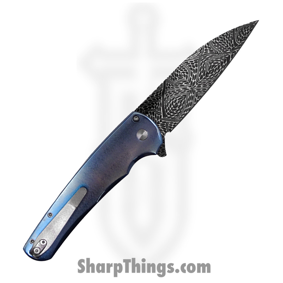 PROTECH - 2023MALIBU011 - 2023 Malibu Custom 011 Blue Ti w/ White Pearl Inlays - Nichols Damascus Mosaic Wharncliffe - Anodized Titanium with White Pearl Inlay - Blue Pearl - Image 2