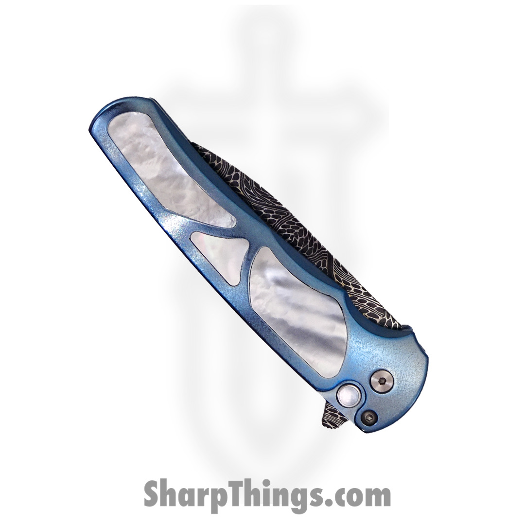 PROTECH - 2023MALIBU011 - 2023 Malibu Custom 011 Blue Ti w/ White Pearl Inlays - Nichols Damascus Mosaic Wharncliffe - Anodized Titanium with White Pearl Inlay - Blue Pearl - Image 5