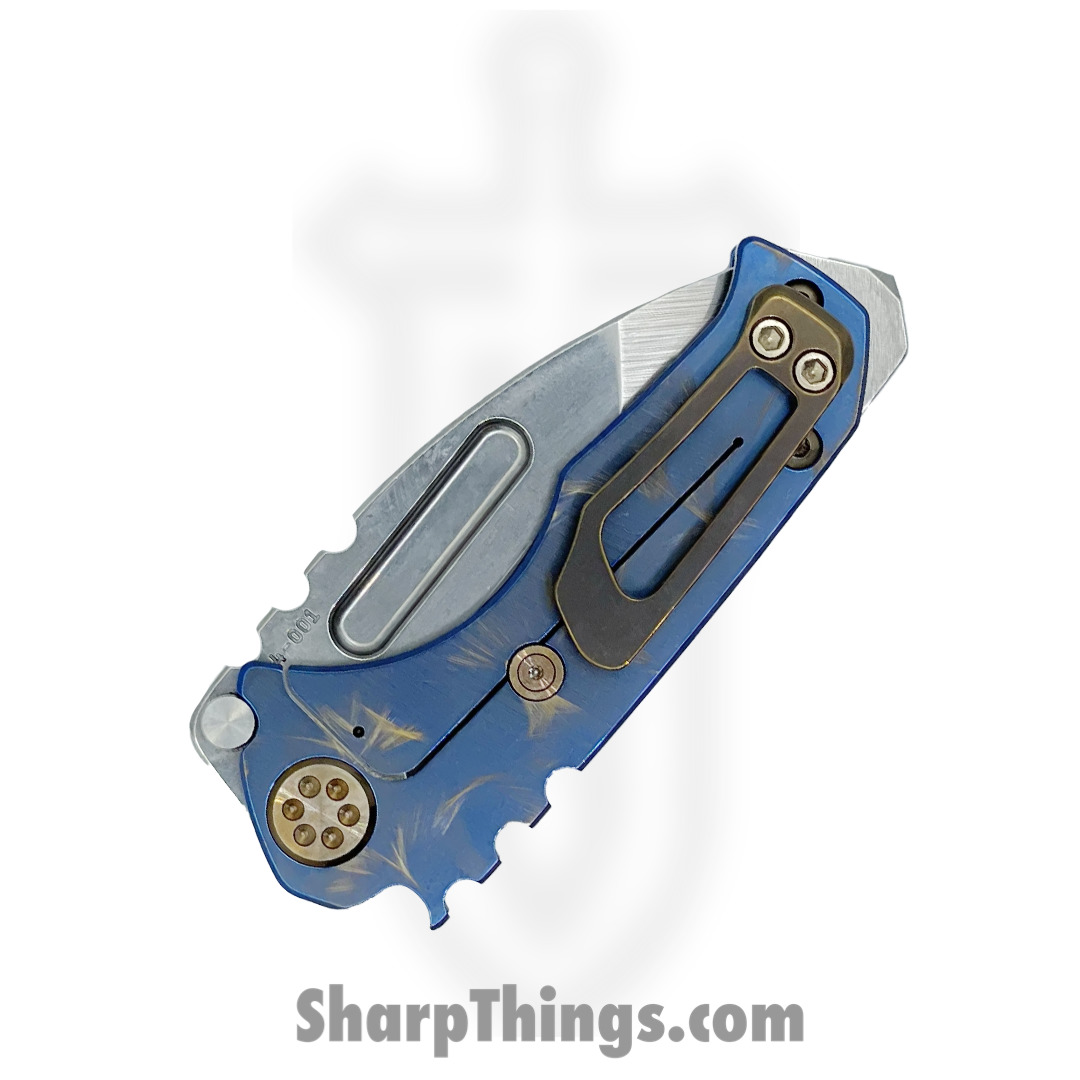 Medford Knife - MK0084TT-37A2-T1C1-BN - Micro "T" - S45VN Tumbled Tanto Blade - Blue w/Bronze "Birds of Paradise" - Bronze HW - Image 2