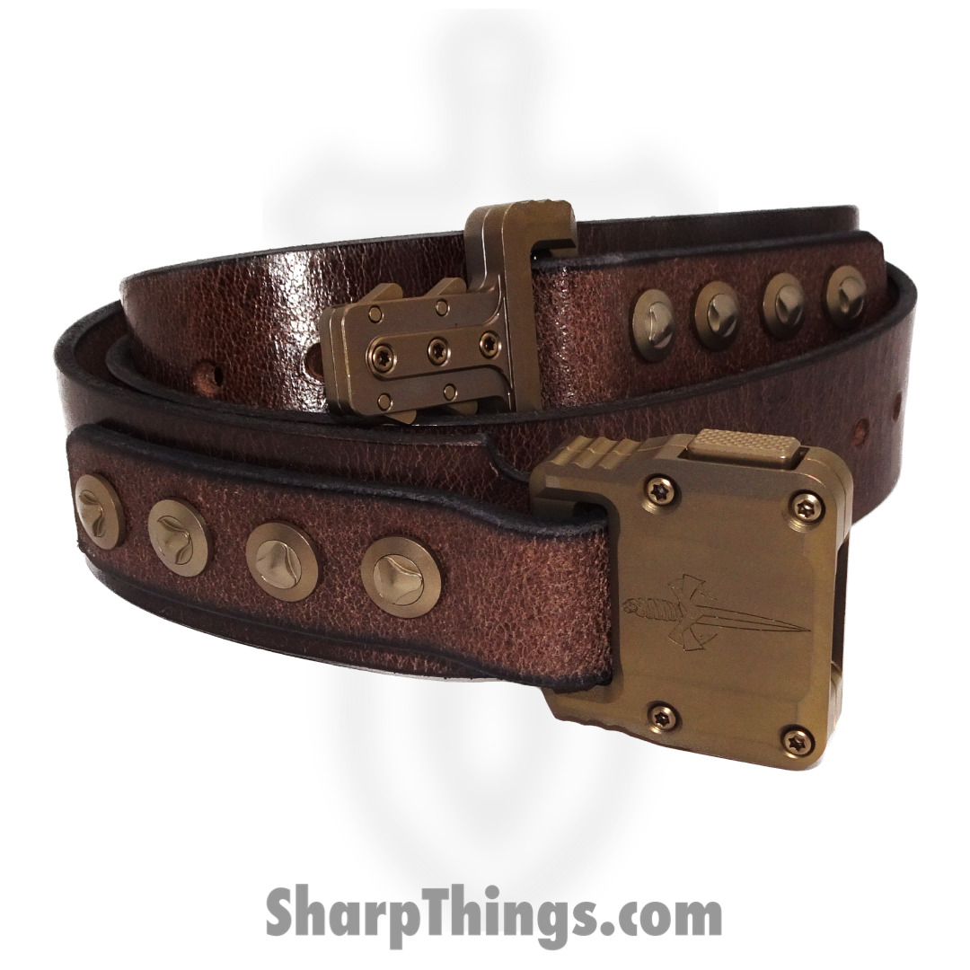 Microtech - APIS BELT 5 - APIS Belt Men's - Titanium Bronze Buckle - Distressed Water Buffalo Leather - Dark Brown
