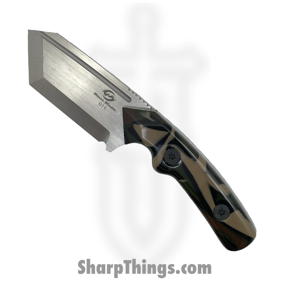 Beans Blades - BBMiniwarWC - Mini Warrior - Fixed Blade Knife - M390 Satin Tanto - Kirinite - Woodland Camo