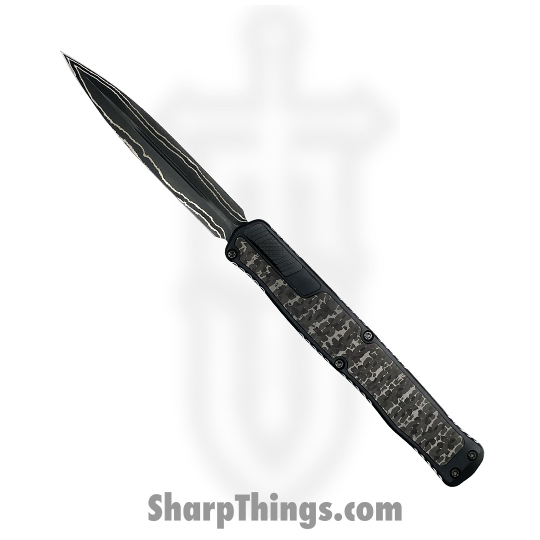 Heretic Knives - Cler2BFFCSS - Cleric II - OTF Auto - Baker Forge Damascus Double Edge - 6061-T6 Aluminum - Black Ano w/Fat Carbon Silver Snakeskin