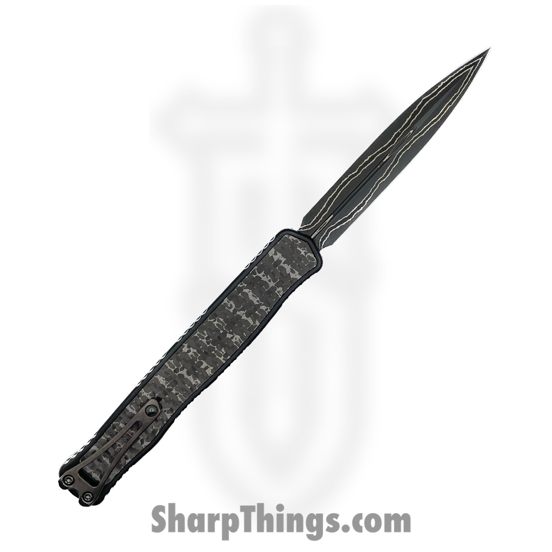 Heretic Knives - Cler2BFFCSS - Cleric II - OTF Auto - Baker Forge Damascus Double Edge - 6061-T6 Aluminum - Black Ano w/Fat Carbon Silver Snakeskin - Image 2