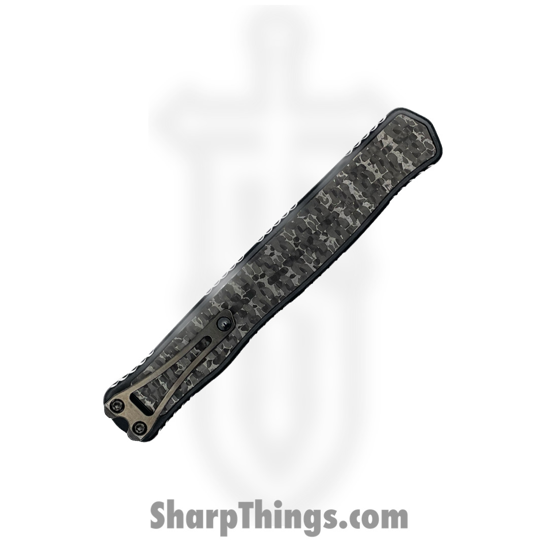 Heretic Knives - Cler2BFFCSS - Cleric II - OTF Auto - Baker Forge Damascus Double Edge - 6061-T6 Aluminum - Black Ano w/Fat Carbon Silver Snakeskin - Image 4