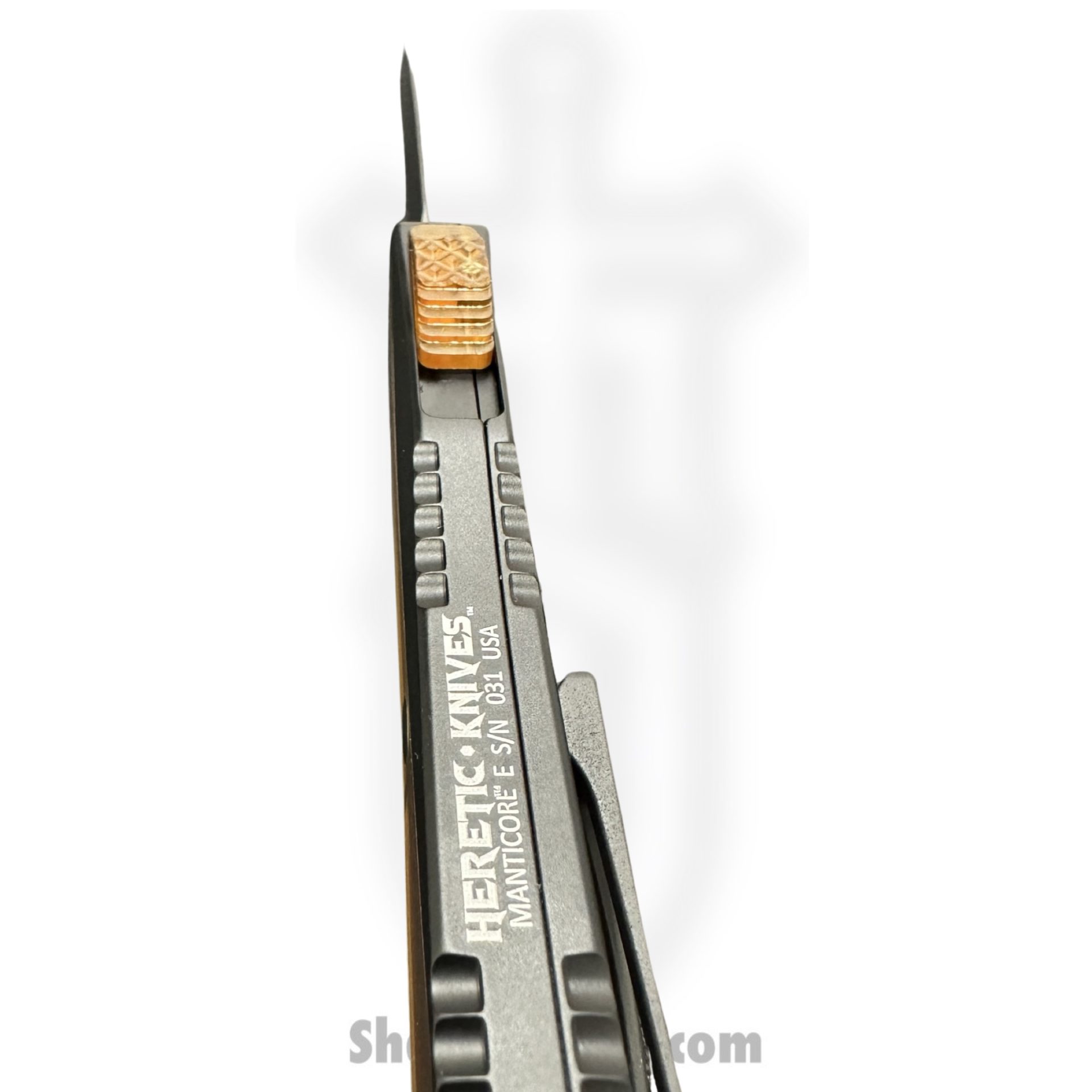 Heretic Knives - H028-6A-ULTEM - Manticore E - OTF Auto - Magnacut Coated Dagger - 6061-T6 Aluminum/Ultem Inlay - Black/Ultem - Image 2