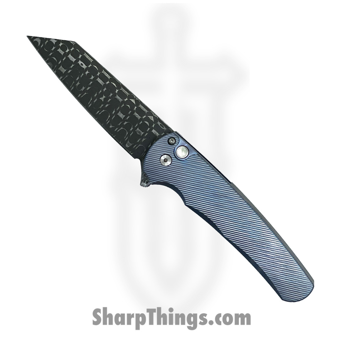 PROTECH - MALIBU2023.008 - 2023 Malibu Custom 008 3D Blue Ti - Vegas Forge Damascus Razorwire Reverse Tanto - Anodized 6AI4V Titanium - 3D Machined Blue