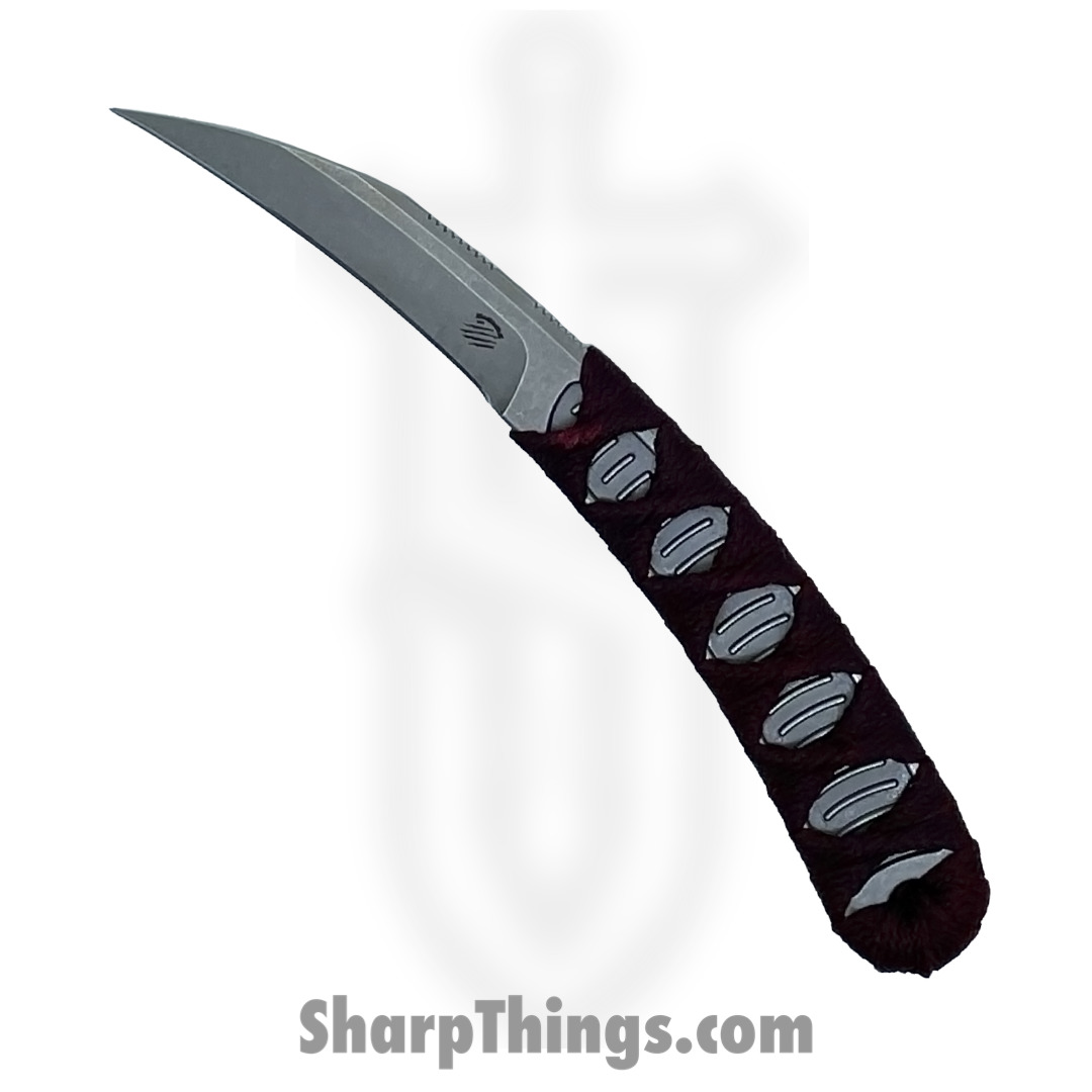 Bastinelli Creations - OlFeathSWRd - Old Feather - Fixed Blade Knife - D2 Stonewash Hawksbill - Nylon Tsuka Wrap - Red