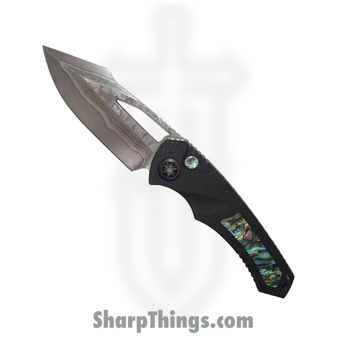 Heretic Knives - ParManVFWGAI - Pariah - Folding Knife - Vegas Forge San Mai Damascus Harpoon - Carbon Fiber/Abalone inlay - Black