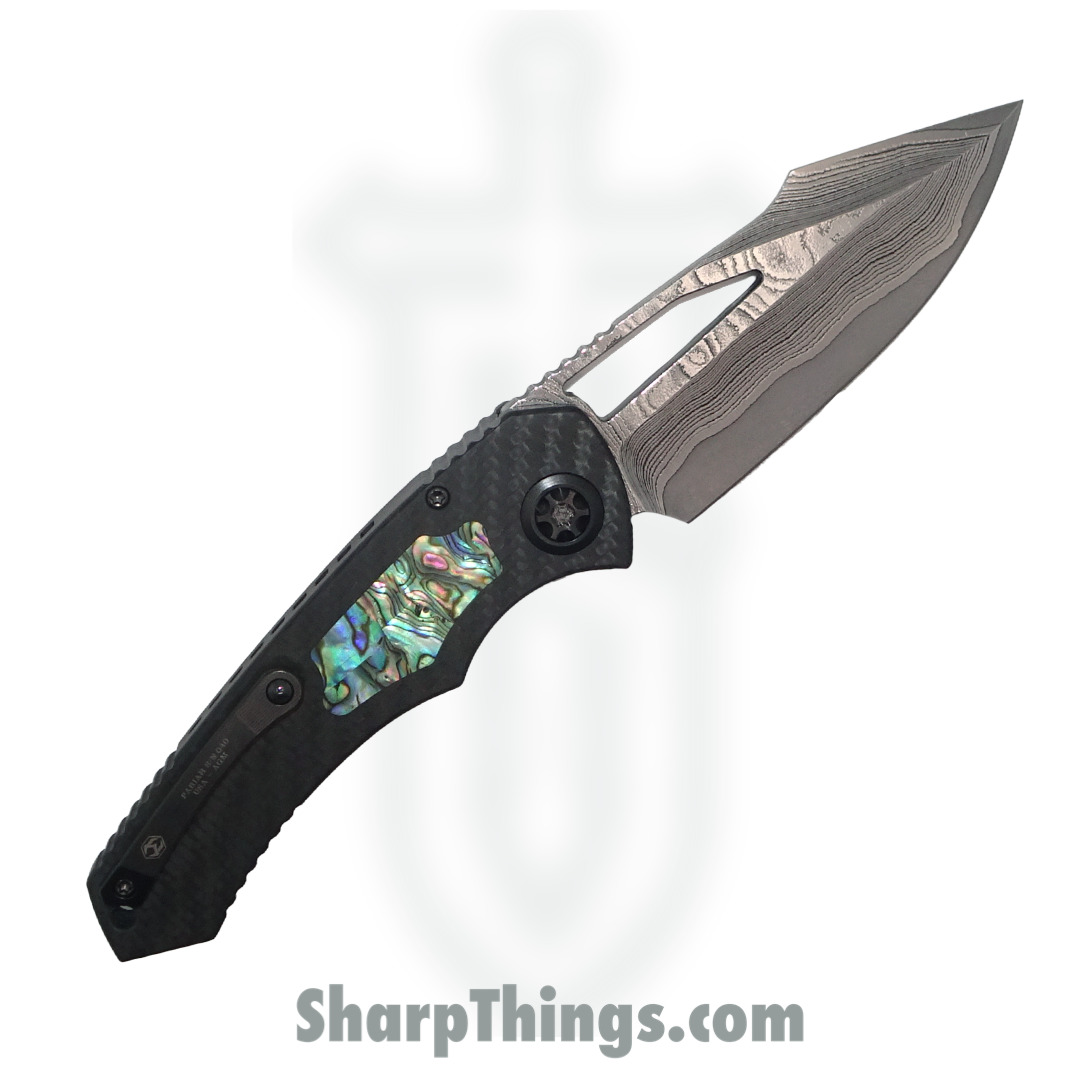 Heretic Knives - ParManVFWGAI - Pariah - Folding Knife - Vegas Forge San Mai Damascus Harpoon - Carbon Fiber/Abalone inlay - Black - Image 2