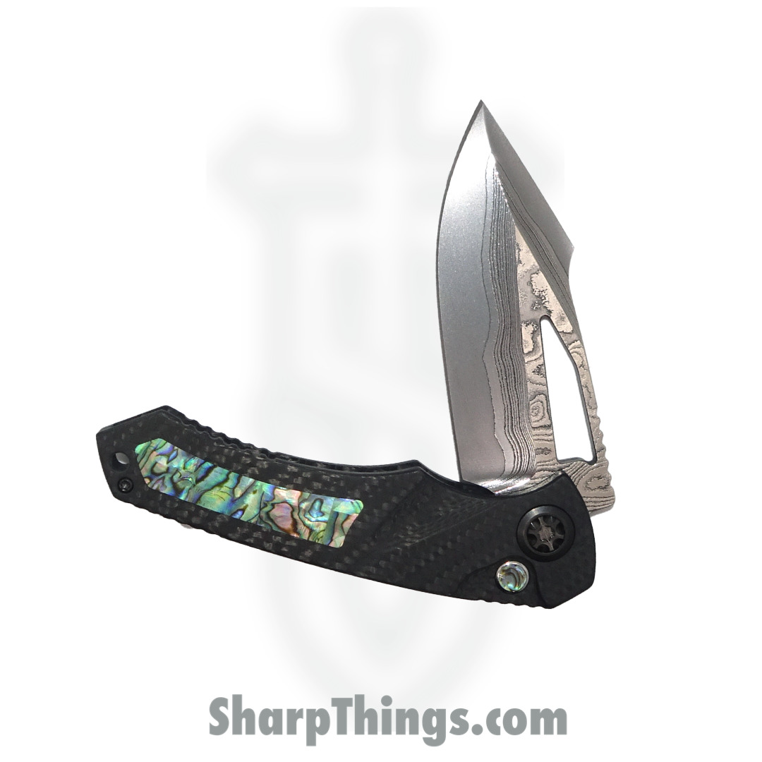 Heretic Knives - ParManVFWGAI - Pariah - Folding Knife - Vegas Forge San Mai Damascus Harpoon - Carbon Fiber/Abalone inlay - Black - Image 3