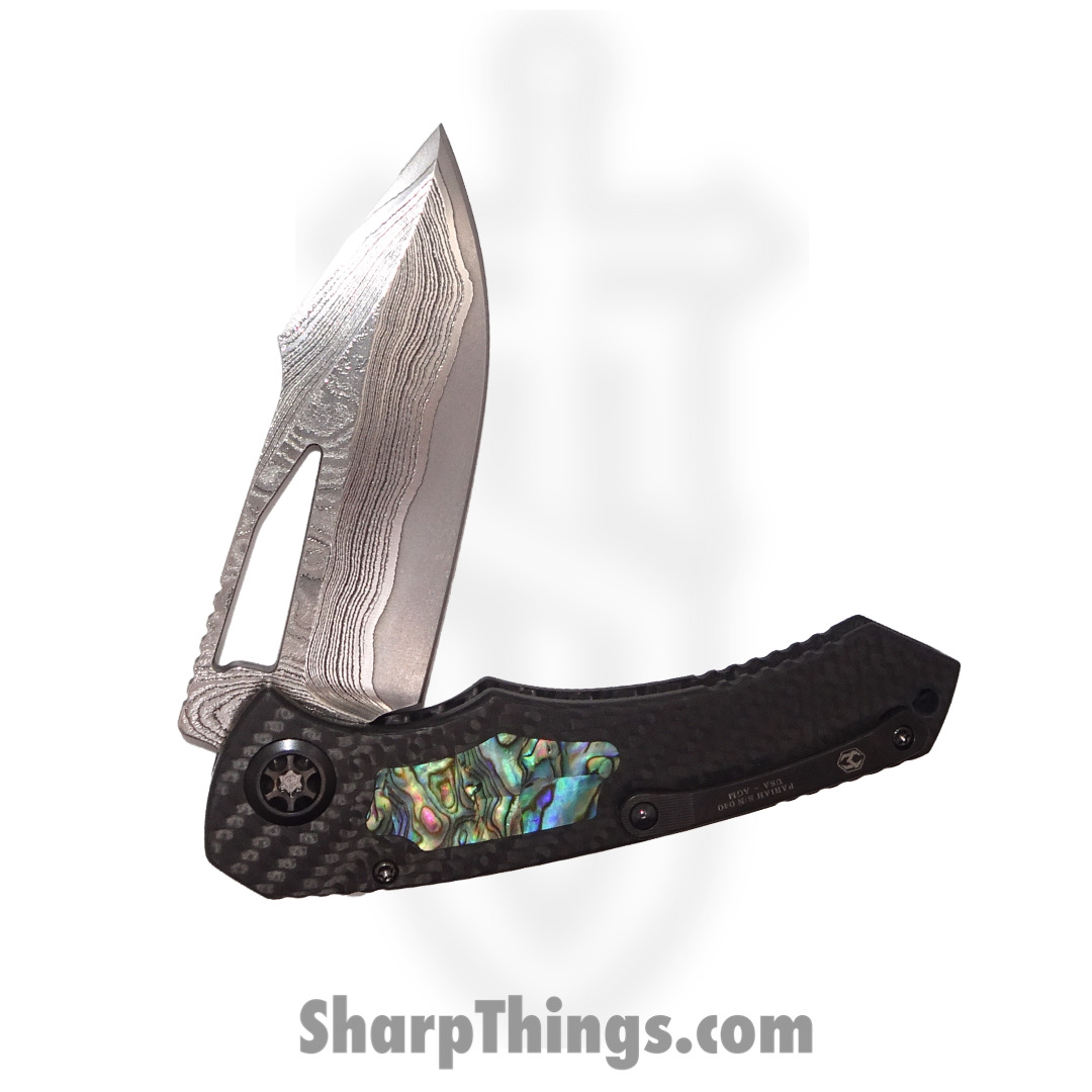 Heretic Knives - ParManVFWGAI - Pariah - Folding Knife - Vegas Forge San Mai Damascus Harpoon - Carbon Fiber/Abalone inlay - Black - Image 4